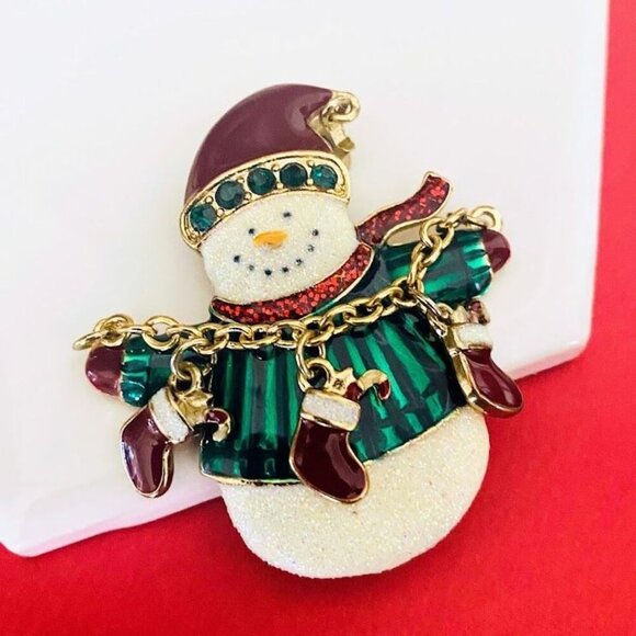 Vintage Jewelry - Jolly Snowman Stocking Fun Glittery Christmas Brooch